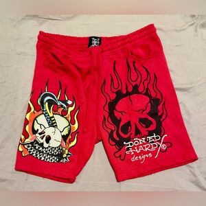 Ed Hardy • Red Fleece Flaming Skull Snake shorts • Size M